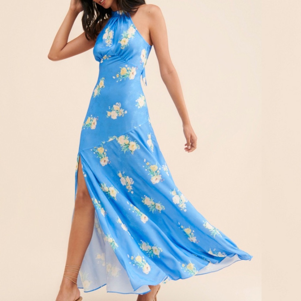 LoveShackFancy Blue Floral Halter Maxi Dress